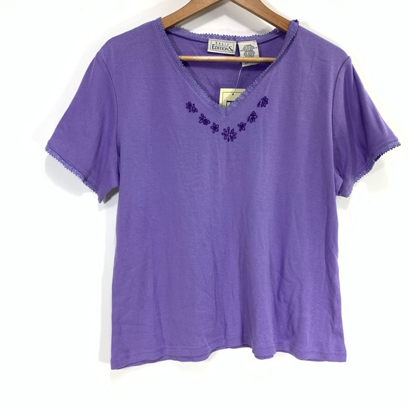 Vintage Tops - Vintage cottagecore shabby chic purple embroidered v neck knit top LARGE 90s y2k